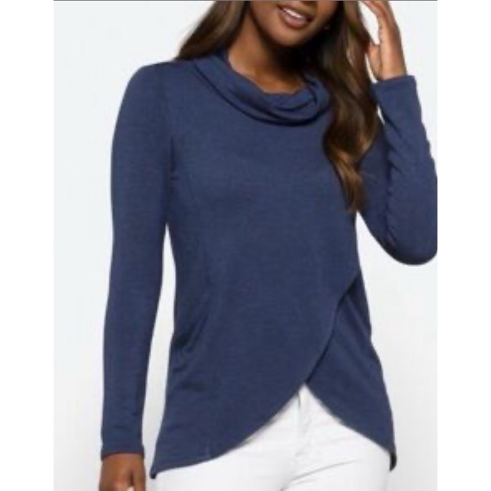 Magnolia Grace Blue Paedia Tulip Hem Cowl‎ Neck French Terry Knit Top Small NWT